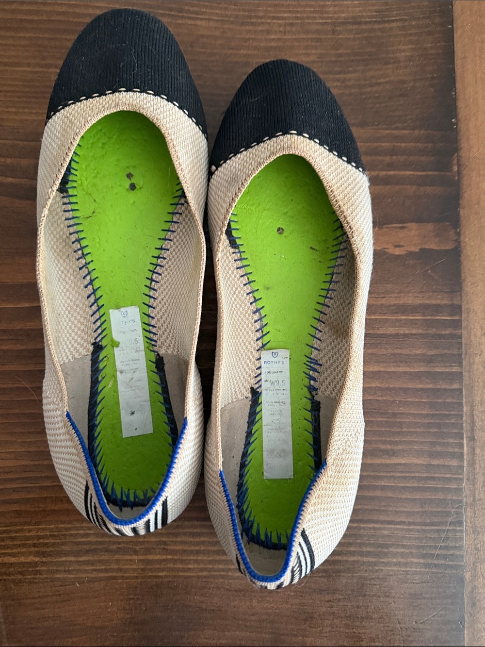 Rothy's Beige Knit Flats with Black Cap Toe and Lime-Green Insole